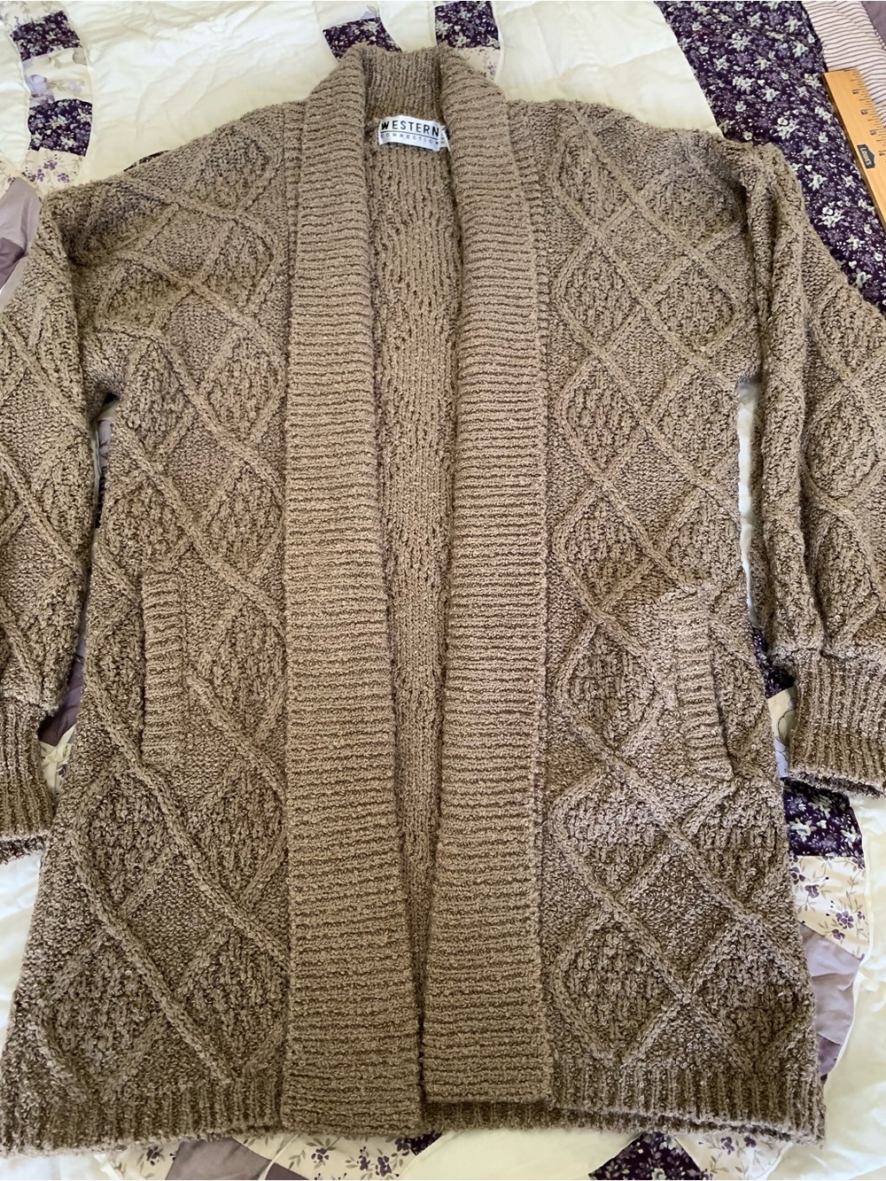 Western Textured Open-Front Cardigan Sweater in Taupe
